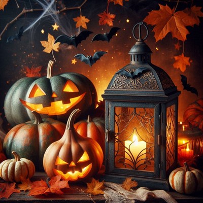 Jack-o'-lanterns set a spooky halloween scene