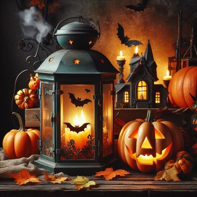 Lantern on a table with pumpkins and a haunted house