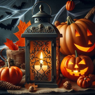 A lit lantern sits beside carved pumpkins on halloween night