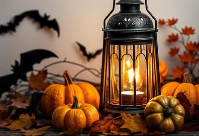 A glowing lantern sits among pumpkins and leaves
