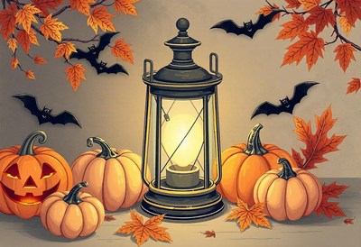 A lit lantern sits among pumpkins and bats on a fall evening