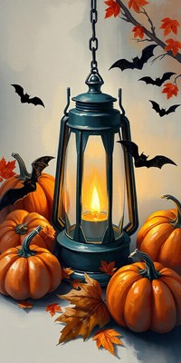 A blue lantern hangs from a branch with red leaves