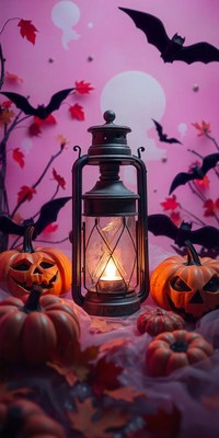 A lantern glows near pumpkins and bats on a pink background