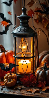 A glowing lantern sits on a table with pumpkins and leaves