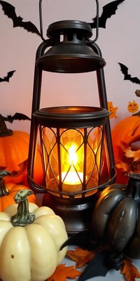 A black lantern with a candle among pumpkins and bats