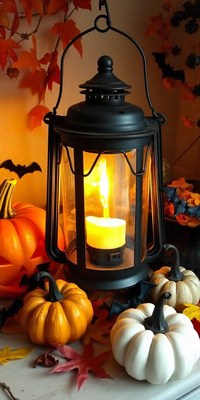 A lantern glows brightly among pumpkins and autumn leaves