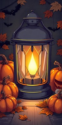 A lantern on wood with pumpkins and leaves