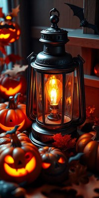 A lit lantern sits among carved pumpkins