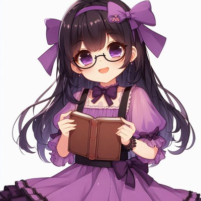 A smiling girl with purple hair reads a book