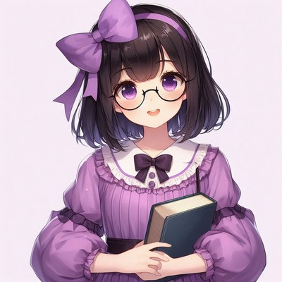 A girl with purple eyes and a purple bow holds a book