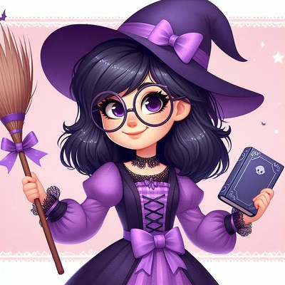 A cute witch holds a broom and a book