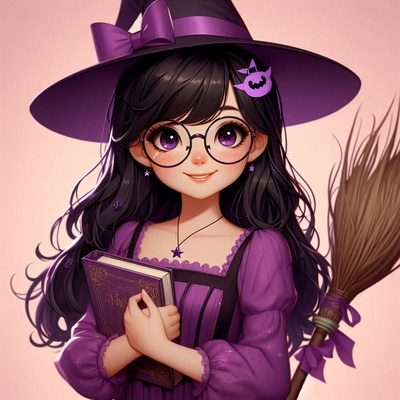 A young witch holds a book and smiles in a purple dress