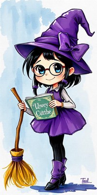 A young witch in purple reads with a broom