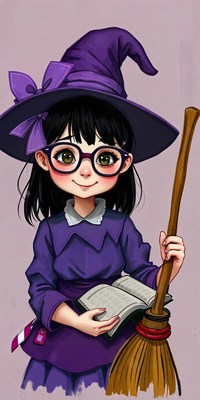 Witch in purple dress holds a book and broom