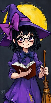 A young witch reads a book under a full moon