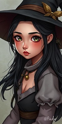 A young woman with long black hair wears a witch's hat