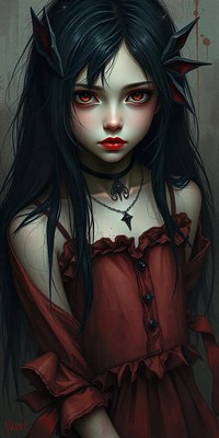 A girl with long black hair stares intently at the viewer