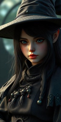 A woman in robes and a hat gazes into the distance