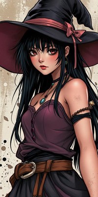 A witch with long black hair poses in a wide-brimmed hat
