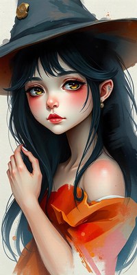 A young woman with long black hair wears a witch's hat