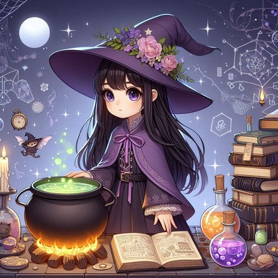 A young witch brews a potion under a full moon