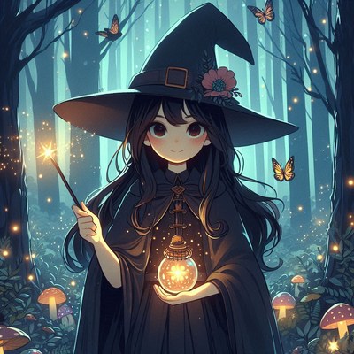 A young witch casts a spell in a dark forest