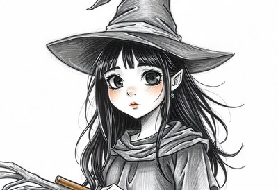 A witch with long black hair and a wand