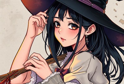 A young woman with long black hair and a wide-brimmed hat