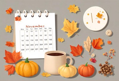 A november calendar with coffee and pumpkins