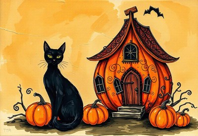 A black cat sits beside a pumpkin house