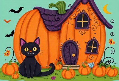 A black cat sits near a pumpkin house