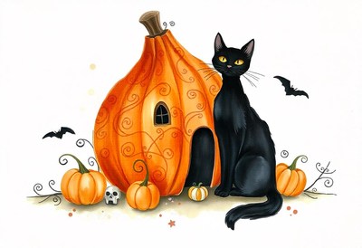 A black cat sits outside a pumpkin house
