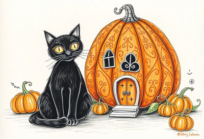 A black cat sits next to a pumpkin house