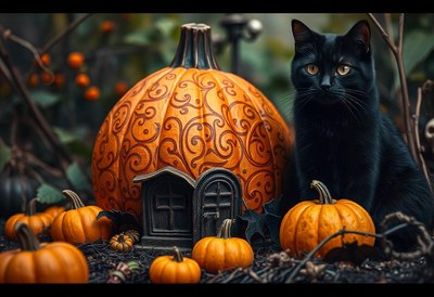 A black cat sits near a pumpkin house