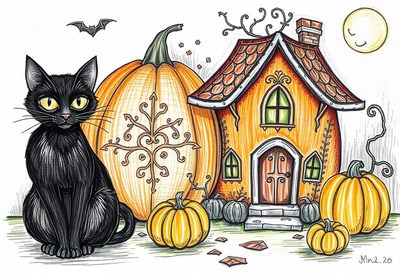 Black cat beside a pumpkin house on halloween