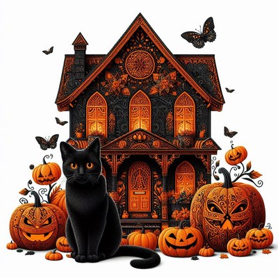 A black cat sits in front of a spooky halloween house