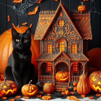 A black cat sits by a spooky halloween house