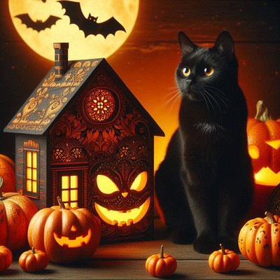 Black cat by jack-o'-lantern under full moon