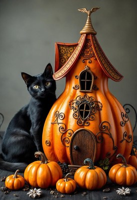 A black cat sits near a pumpkin house with other pumpkins