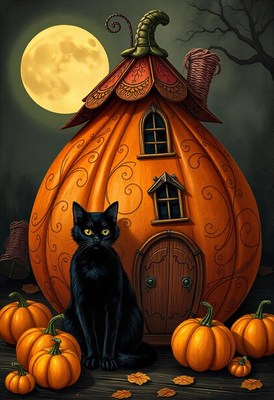 Black cat by pumpkin house under full moon