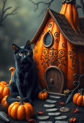 A black cat sits in front of a pumpkin house