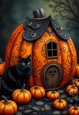 Black cat by a halloween-themed pumpkin house