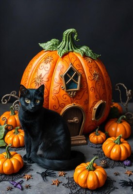 A black cat by a pumpkin house for halloween