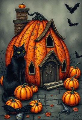A black cat sits by a pumpkin house