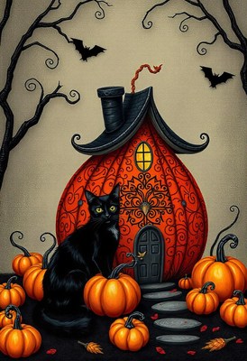 A black cat sits near a pumpkin house on halloween