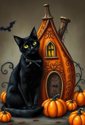 Black cat by pumpkin house; bat flies above
