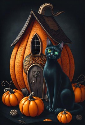 A black cat sits beside a pumpkin house