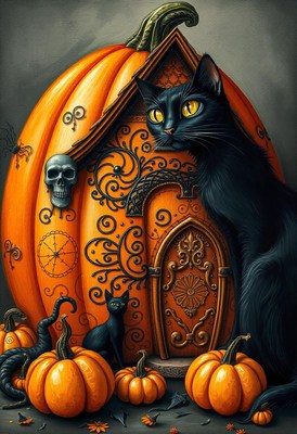 A black cat sits on a pumpkin house for halloween