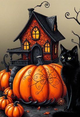 A black cat sits near a house and pumpkins on halloween