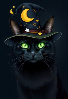 A witch-hat cat gazes intently at the camera